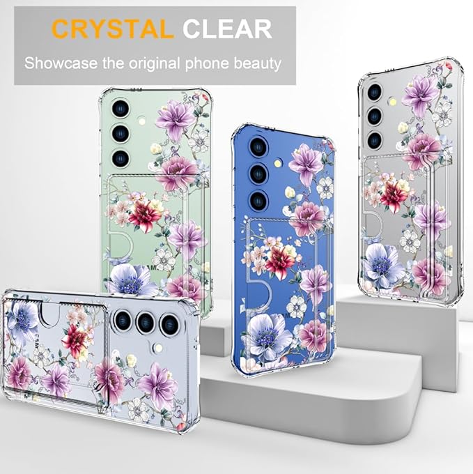Compatible with Samsung Galaxy S24 / S25 Case Card Holder for Women Cute Design,Wallet Phone Cases Transparent Cool Kawaii Protective (Clear Wonderful Large Flowers)