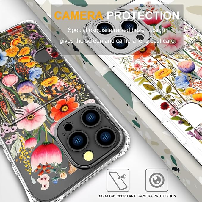 Compatible with iPhone 16 Pro Case Card Holder for Women Cute Design,Wallet Phone Cases Transparent Cool Kawaii Protective (Clear Flowers Lily Girly Florals)