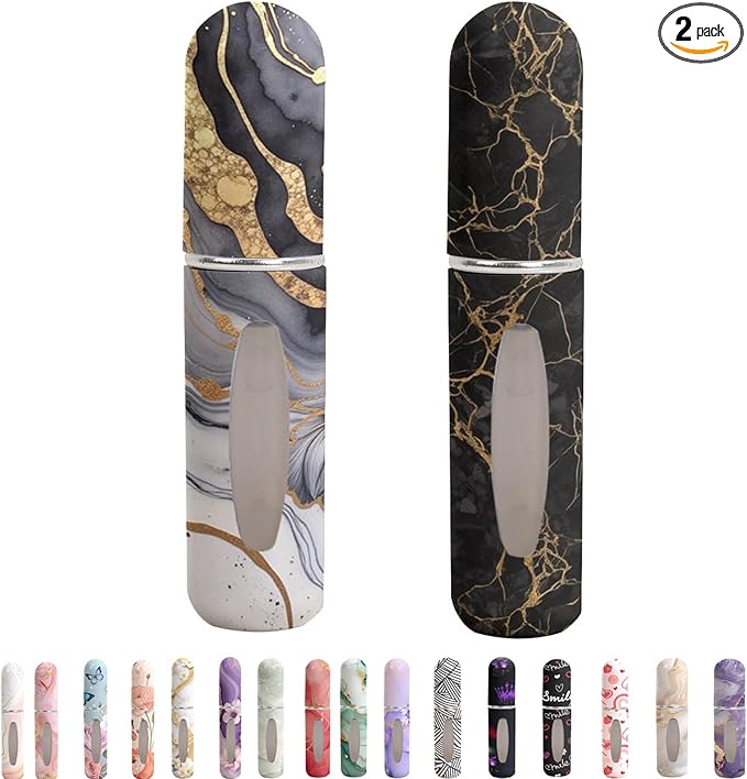 Refillable Perfume Atomizer Travel Bottles– Portable Leakproof Mini Sprayer for Cologne & Essential Oils, Plastic Empty Perfume Bottles with Unique Patterns,2 Pcs Pack of 5 ml (Black marble)