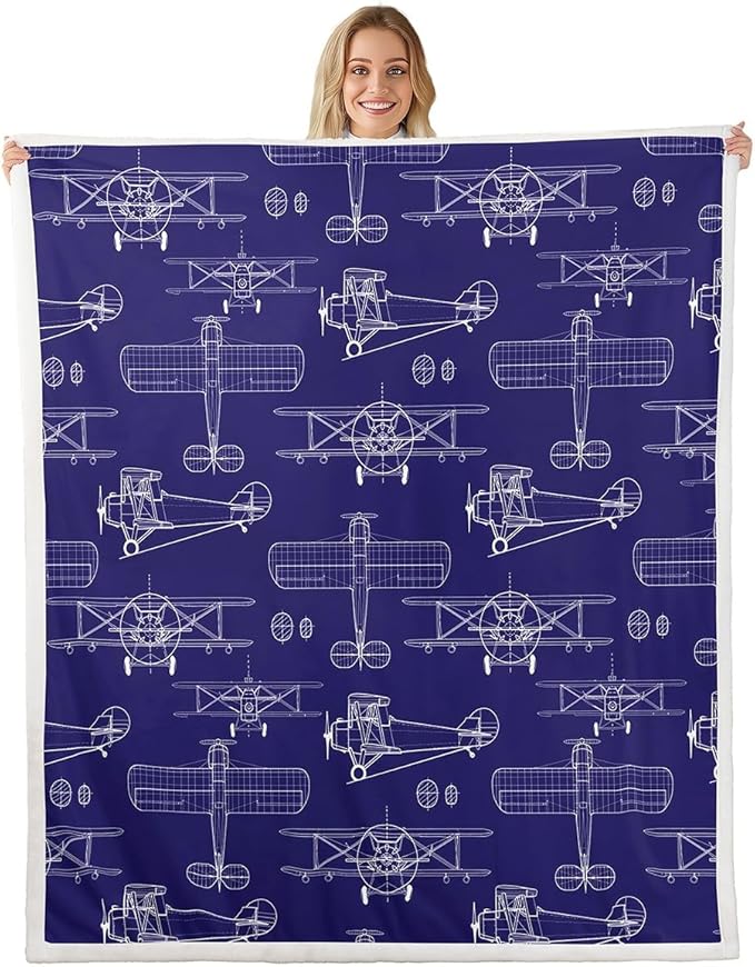 Hand-Painted Airplane Kids Throw Blanket,American Aircraft Toddler Bed Blanket for Girls Boys Adults,Air Vehicles Cartoon Fleece Blanket,Dark Blue Fuzzy Blanket,Baby Size (30 x 39 Inches)
