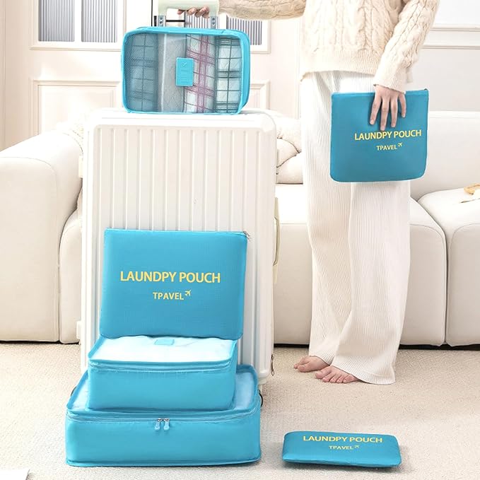 12 Set Travel Packing Cubes Luggage Packing Bags Reusable Lightweight Suitcase Organizer Cubes Set for Travel Accessories (Sky Blue+Pink)