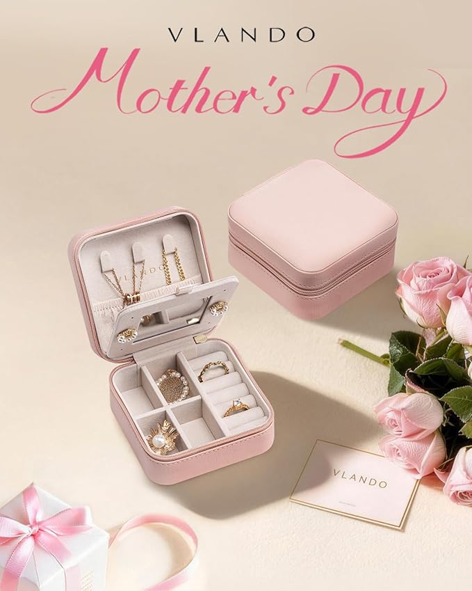 Vlando Valentines Day Gifts for Her- Small Travel Jewelry Box Organizer -Jewelry Display Case for Girls Women Bridesmaid Gift Rings Earrings Necklaces Storage with Mirror Pink