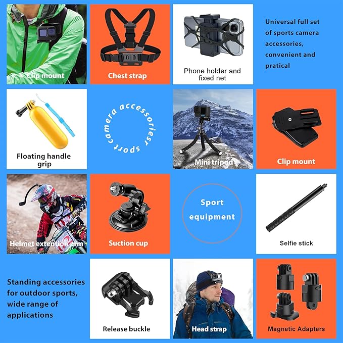 HONGDAK 70in1 Upgrade Action Camera Accessories Kit Compatible with GoPro Hero 13 12 11 10 9 8 7 6 5 4 Max 11 mini Insta360 X5 X4 X3 GO3 DJI Osmo Action 6 5Pro 4 3 AKASO Sony Sports DV