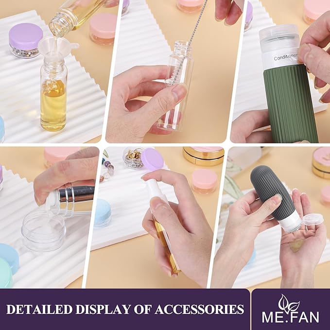 ME.FAN 18 Pack Travel Bottles for Toiletries, TSA Approved Silicone Portable Size Bottle, Refillable Cosmetic Container Kits for Conditioner, Shampoo, Lotion,Face Cream - Grey