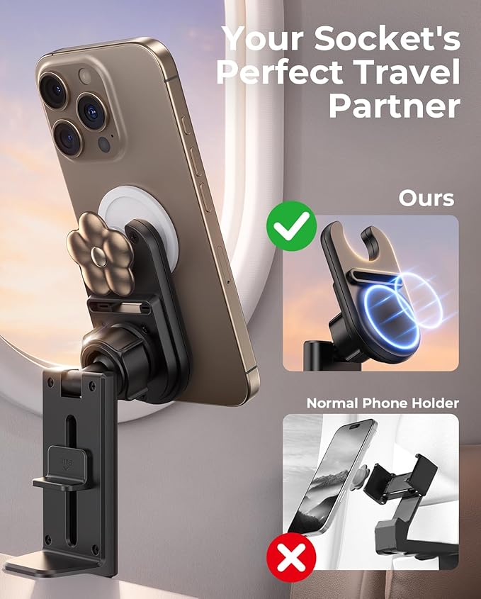 Airplane Travel Essentials Socket Phone Grips Mount Works with PopSockets, Travel Must Haves Socket Phone Holder for Pop Socket, Airplane Phone Grips Holder fits All Socket Grips - Black