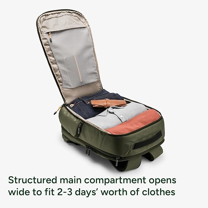 Halfday Roamer All-in-One Travel Backpack | 15” Laptop Compartment, Built-In Shoe/Laundry Pouch, Magnetic Sternum Strap, Padded Shoulder Support | Weekend & Business Trip Carry-on Bag, Olive