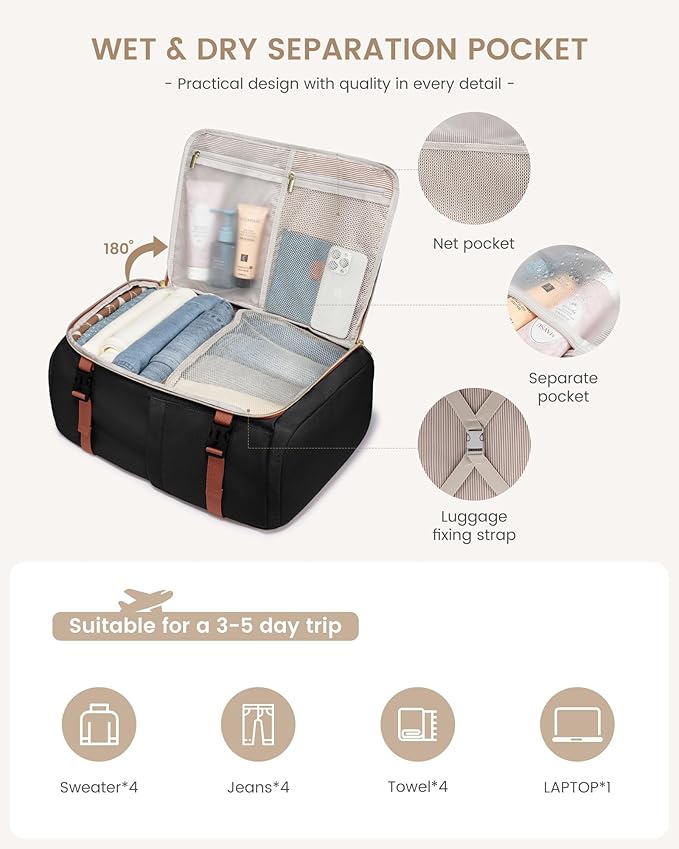 LOVEVOOK 40L Travel Backpack Carry on Flight Approved,Personal Item Bag with 3 Packing Cubes, Travel Backpack Bag for Women Fits 17" Laptop, Water-resistant Carry On Backpack for Airplanes
