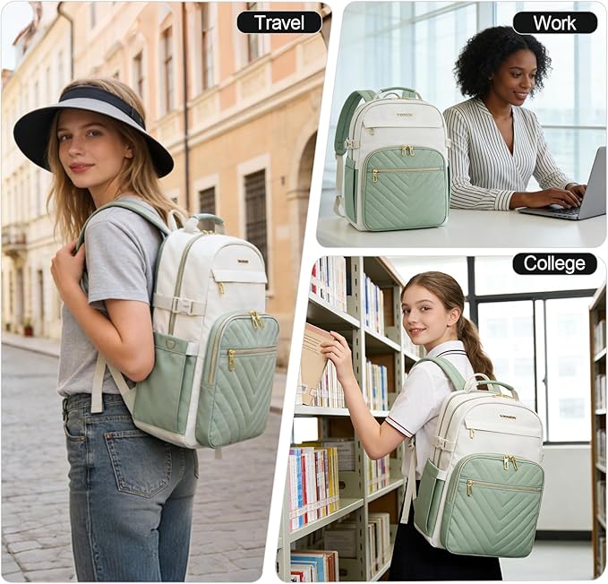 VANKEAN Laptop Backpack for Women with Giant Tumbler Holder Pocket,17.3 inch School College Book Bag Nurse Teacher Backpack,Waterproof Work Travel Backpack Purse Laptop Computer Bag, Beige-Light Green