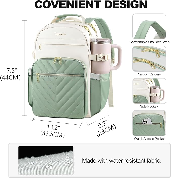 VANKEAN Laptop Backpack for Women with Giant Tumbler Holder Pocket,17.3 inch School College Book Bag Nurse Teacher Backpack,Waterproof Work Travel Backpack Purse Laptop Computer Bag, Beige-Light Green