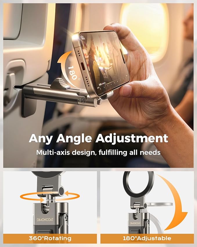 DIMONCOAT for Metal Magsafe Airplane Phone Holder [24*N55 Ultra Magnetic] 360° Adjustable Hands-Free Airplane Phone Mount, Airplane Essentials Phone Stand for Women Men, for iPhone 17 16 15 Pro Max