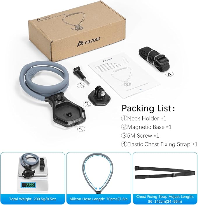 AMAZEAR Magnetic Neck Holder for DJI OSMO Pocket 4/3 Action 6 Insta 360 X5 Camera Accessory, Comfortable Hands-Free Chest Mount First-Personal POV VLOG, for Go-Pro, for Xtra Edge Muse
