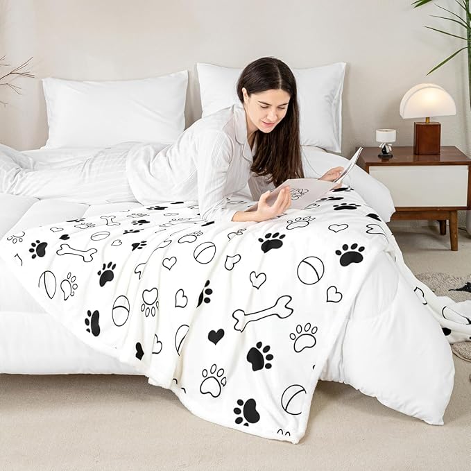 Dog Paws Print Kids Throw Blanket,Bones Love Heart Cute Bed Blanket for Girls Boys Adults,Cartoon Dogs Pets Paws Fleece Blanket,Black White Fuzzy Blanket,Baby Size (30 x 39 Inches)