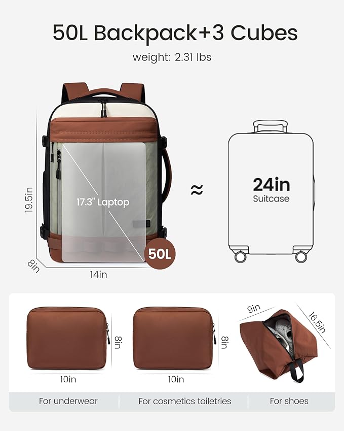 LOVEVOOK 50L Travel Backpack for Women Men, Airline Approved Carry On Luggage with 3 Cubes Accessories, TSA Personal Item Travel Cruise Essentials, Waterproof Weekender Overnight Bags fits 17" Laptop