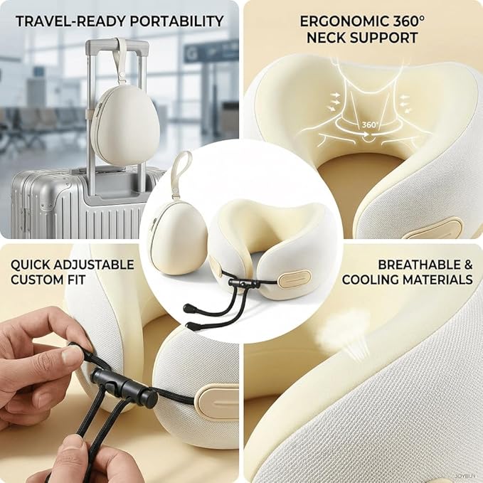 Travel Neck Pillow with Storage Case, 100% Pure Memory Foam, Airplane Head Support for Flight Sleeping, Portable, Beige