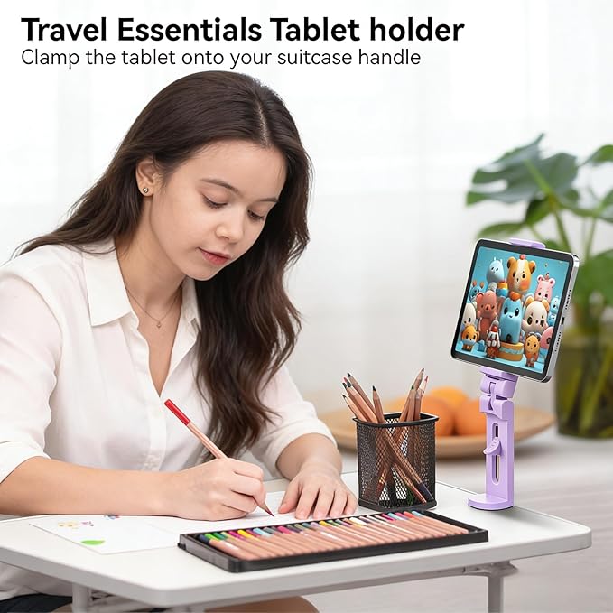 Airplane Tablet Holder Mount, Travel Essential Handsfree Tablet Stand for Flying with Multi-Directional 360 Degree Rotation, Compatible with iPad/Galaxy Tabs, Only Fits 7–11" Tablets (Purple)