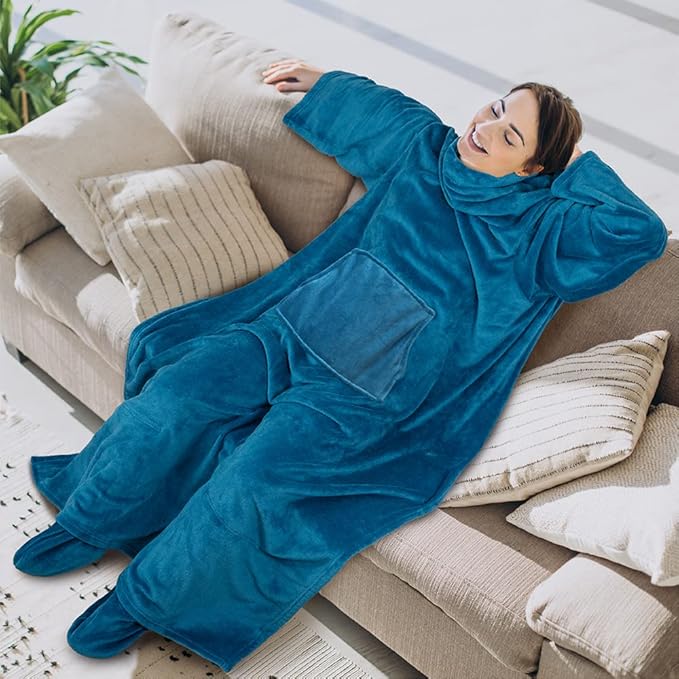PAVILIA Fleece Blanket with Sleeves, Foot Pockets for Women Men Adults, Plush Wearable Blanket Throw Wrap, Warm Snuggle Blanket Robe, Cozy Gift Ideas Wife Mom Teal Blue