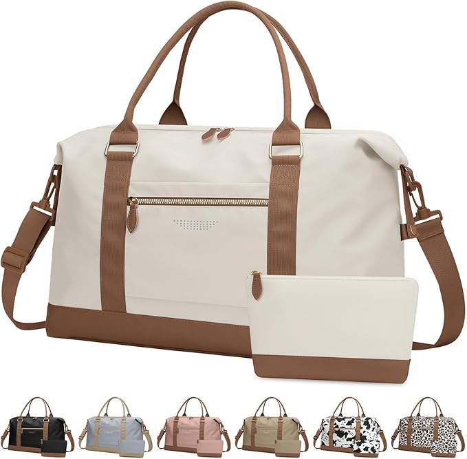 ELONGRIVER Travel Duffle Bag for Women, Weekender Bags, Hospital Bag for Labor Delivery, Lightweight Tote Duffel Overnight Bag with Luggage Sleeve, Airplane Travel Bags with Toiletry Bag, Large, Beige