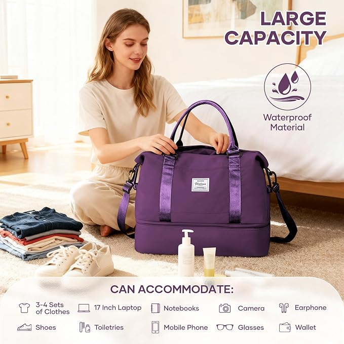 Travel Duffel Bag, 18x14x8 Inches Travel Bag Spirit with Shoes Compartment, Weekender Overnight Bag for Women with Trolley Sleeve, Carry On Bag for Airplanes Sport Tote Gym Bag DeepPurple