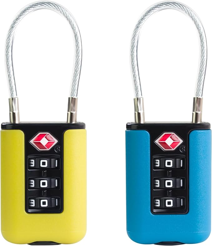 TSA Approved Luggage Locks, 3-Digit Waterproof Padlock, Combination Travel Cable Lock, Lockers, Suitcases, Toolboxes (Yellow+Blue)