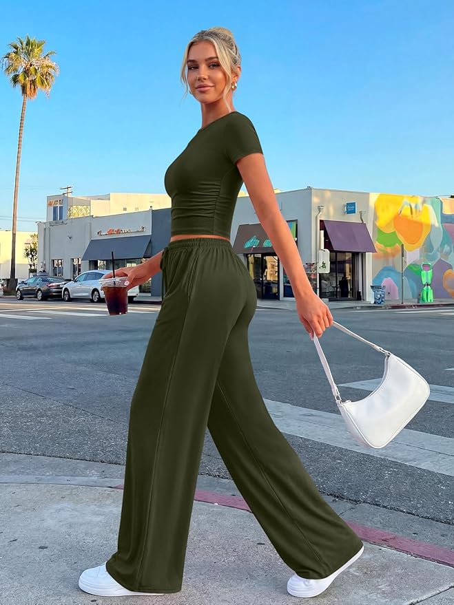 Trendy Queen 2 Piece Matching Summer Lounge Set Womens Side Ruching Top Wide Leg Pants Sets with Pockets