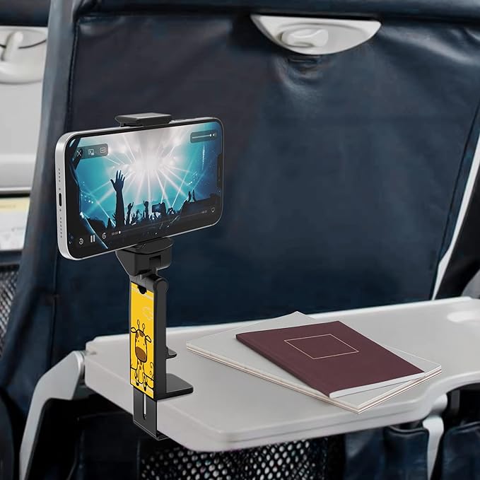 Beyond Cell Travel Accessories, Universal Seat Back Tray Table Hands Free Phone Clip Holder, Adjustable Pocket Size Airplane Travel Essentials Compatible with iPhone and Android Giraffe