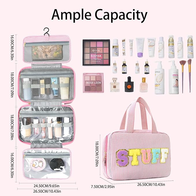 Travel Toiletry Bag for Women Chenille Letter Cosmetic Bag Fashion Stripes Water-resistant Makeup Bag with Hanging Hook for Store Toiletries Cosmetic Accessories Medium Pink