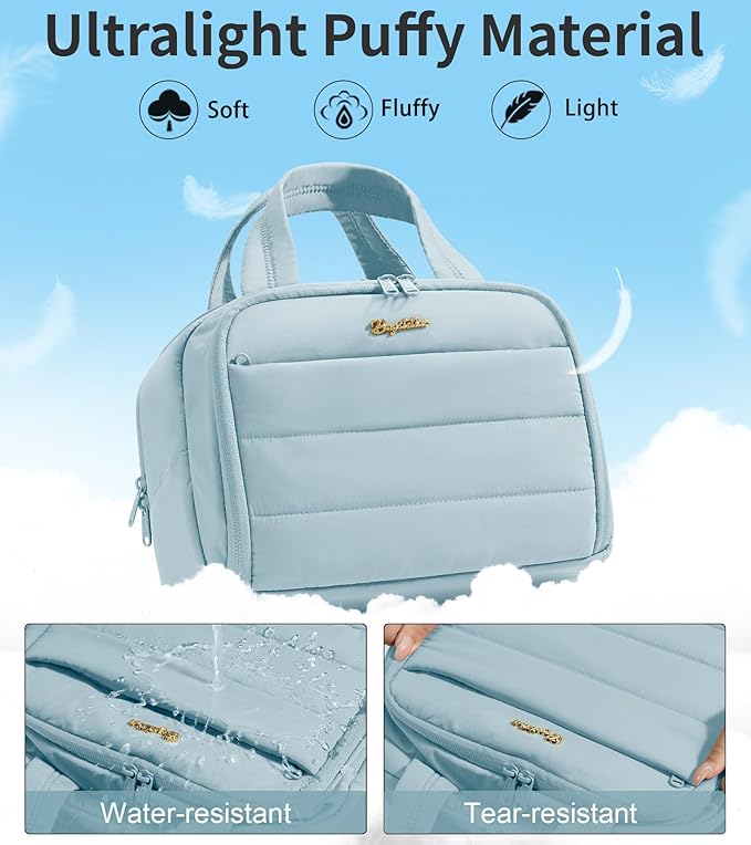 Bagstellar Travel Toiletry Bag for Women, Lightweight Large Quilted Puffy Makeup Bag Wide-open Make up Organizer Cloud Cosmetic Bag w/Handle for Traveling Toiletries Essentials Accessories Light Blue
