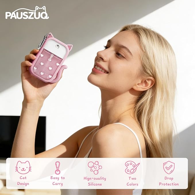 Cat Silicone Case with Keychain & 6 Accessories, Compatible with Touchland Hand Sanitizer Spray Power Mist 1 FL OZ/30ML, Featuring Croc-Style Decorative Holes (Pink)