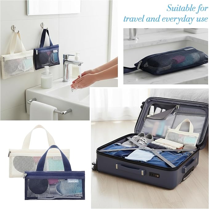 InnoHHustle 2 PCS Toothbrush Pouch, Mini Travel Toiletry Bags Portable Mesh Zipper Makeup Bag Travel Toothbrush Bag Square Mesh Storage Bags with Zipper for Men and Women (Beige, Blue)