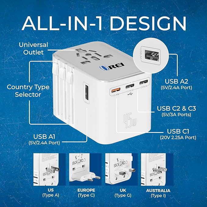 OREI 45Watt Universal Travel Adapter | 3X USBC 2XUSB A - 6-in-1 Universal Power Adapter | Universal Chargers for All Devices Compatible 150+ Countries | Type C, A, G, I Compatible