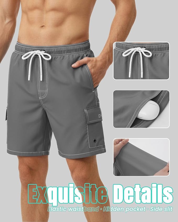 Men Swim Trunks with Compression Liner Quick Dry Breathable Multi Pockets for Summer Beach Cruise Water Park