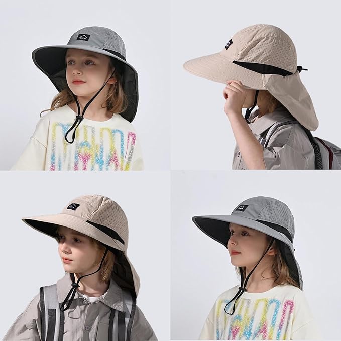 Outdoor Kids Sun Hat with Neck Flap UPF 50+ Quick Dry Beach Hats for Baby Boys Girls Age 2-12 Years Adjustable