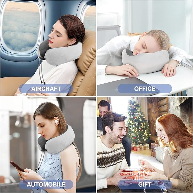 Travel Neck Pillow/Electric Neck Massager with Heating, Memory Foam Pillow for Neck Pain Relief, Neck Support Pillow for Airplane, Car, Office, Gift (Grey)