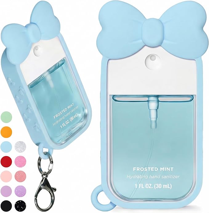 Silicone Bow Case Compatible with Touchland Hand Sanitizer Spray 1 oz (30 mL), Cute Holder with Keychain Clip, Gift for Girls