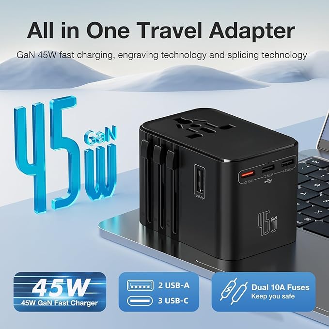 45W Universal Travel Adapter – Compact Plug with 3 USB-C & 2 USB-A Ports for EU/UK/US/AU, International Power Adapter Worldwide Charger, CE/FCC/RoHS Certified (White New)