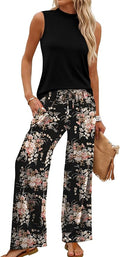 WIHOLL Two Piece Set for Women Summer Spring Outfits Cruise Travel Airport Beach Vacation Mock Neck Wide Leg Pants Set