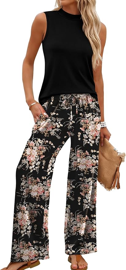WIHOLL Two Piece Set for Women Summer Spring Outfits Cruise Travel Airport Beach Vacation Mock Neck Wide Leg Pants Set