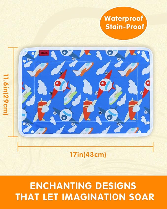 Adjustable Kids Airplane Tray Cover with Pocket Organizer, Snack & Toy Pockets, Toddler Airplane Travel Essentials, Travel Tray for Plane Train, Clear Touch Tablet Pocket, Carrying Strap, Plane Print