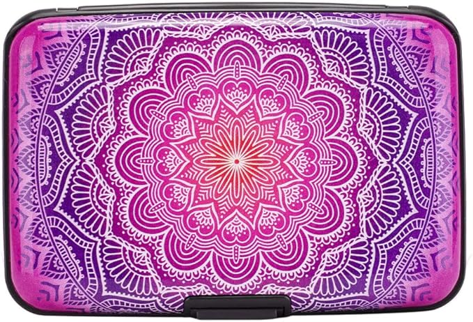 ELFISH Mini RFID Aluminum Wallet Credit Cards Holder Business Card Case Metal ID Case for Men Women (Pink flower)