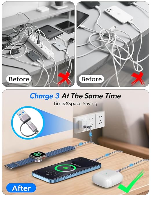 2Pack Multi Charging Cable Cord for Travel Vacation Essentials,Apple Watch Charger,iPhone 17 Charger,[3-in-2] USB A/Type C/Lightning Cable for iWatch,iPhone 17-11,Xbox Series X&S,Airpods,Home,Office