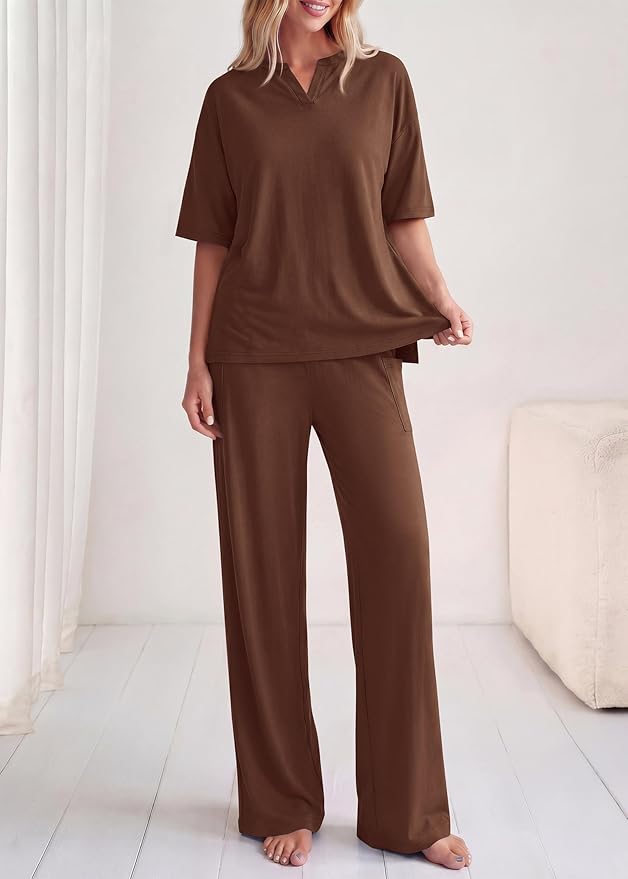 KIRUNDO Womens 2 Piece Matching Lounge Set Airport Travel Vacation Summer Outfits Oversized Short Sleeve Tops Wide Leg Pants