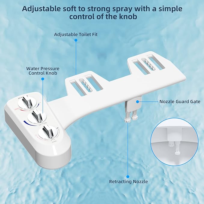Hibbent Bidet Attachment for Toilet, Self Cleaning Dual Nozzle, Hot & Cold Water Spray Non-Electric Mechanical Bidet Toilet Seat for Rear or Female Washing Sanitizing, Adjustable Water Pressure, White