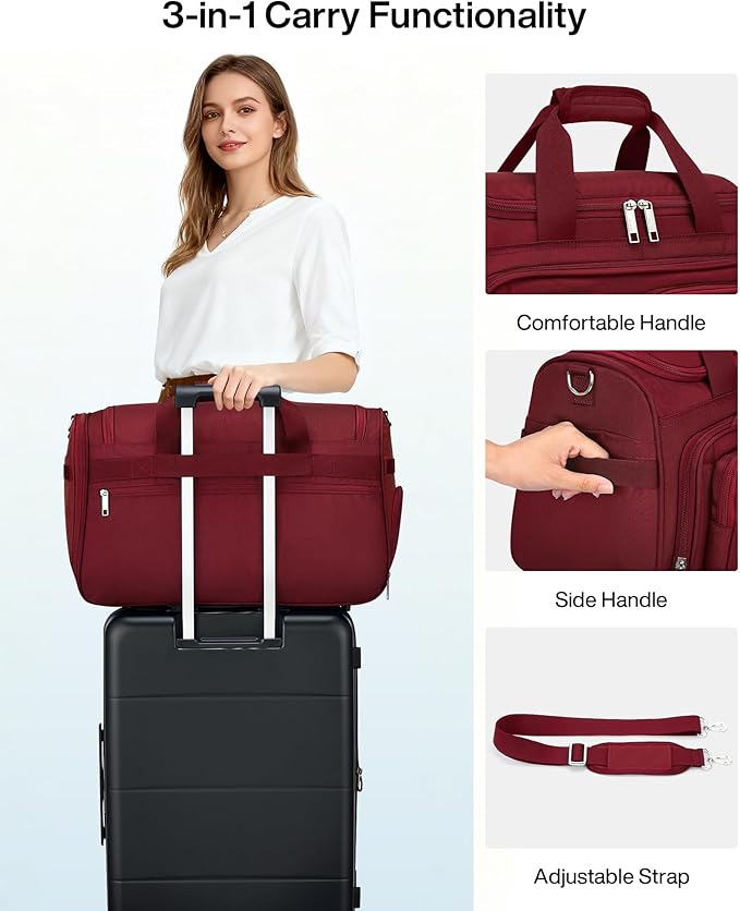 MILADA Carry On Luggage Bags for Travel Lightweight Personal Item Travel Bag Foldable Large Duffle Bag for Travel Tote Overnight Bags for Women Mens Weekender Bags, Burgundy