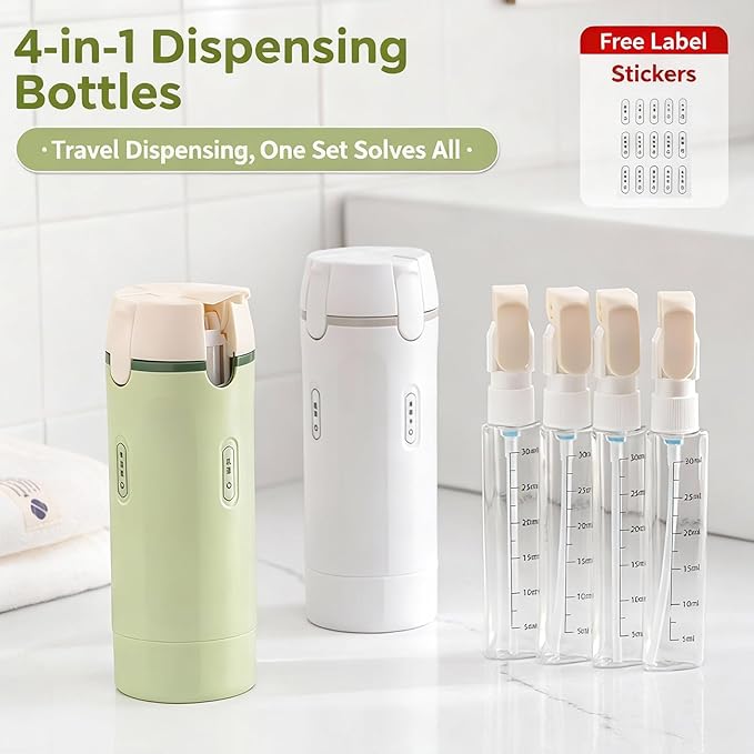 4 in 1 Travel Dispenser Bottle,4 Pack 30ML Travel Bottles for Toiletries, Leak Proof Travel Size Containers (White, OneSize)
