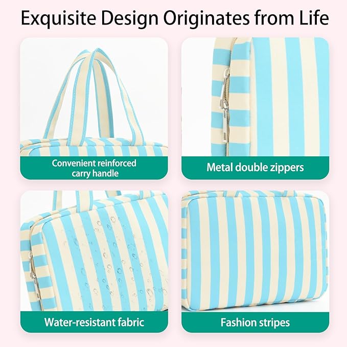 Toiletry Bag for Women Travel Water-resistant Cosmetic Bag Fashion Stripes Makeup Bag with Hanging Hook Preppy for Store Toiletries Cosmetic Accessories Medium Blue