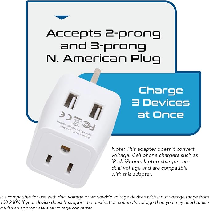 Ceptics Type G Travel Adapter - Canada to UK, Ireland & UAE Grounded Plug Adapter with Dual USB Ports for Electronic Devices (CTU-7)