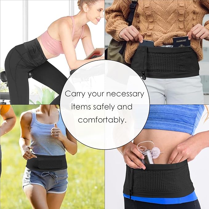 Adorila Slim Running Belt, No-Bounce Hidden Waist Pack with 360° Opening for Soft Flask, Cellphones, Keys or Gels, Black, Small