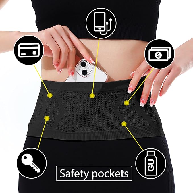 Adorila Slim Running Belt, No-Bounce Hidden Waist Pack with 360° Opening for Soft Flask, Cellphones, Keys or Gels, Black, Large