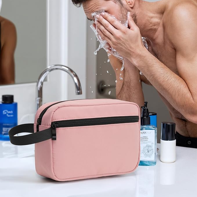 Travel Toiletry Bag, Small Cosmetic Bag, Hanging Water-Resistant Organizer for Men & Women, Ideal for Makeup, Shaving Kit, Gym Essentials & Travel Accessories (Dusty Pink)