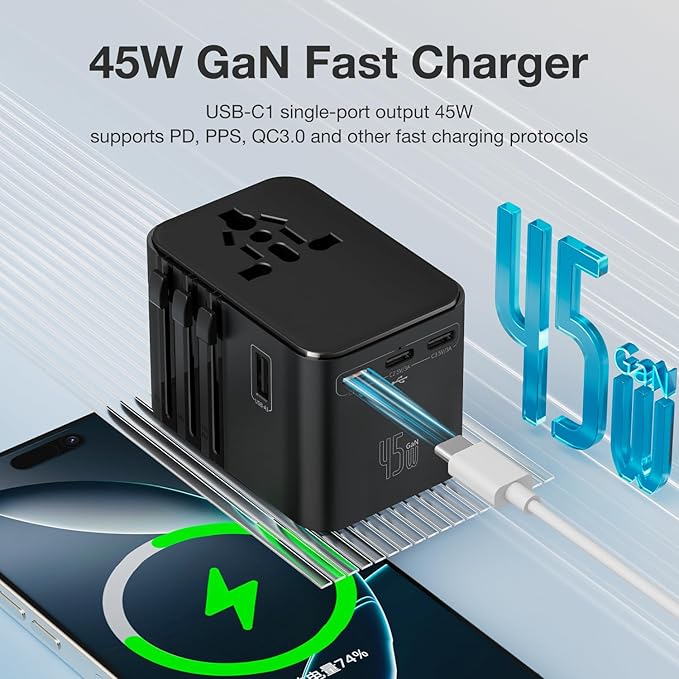 45W Universal Travel Adapter – Compact Plug with 3 USB-C & 2 USB-A Ports for EU/UK/US/AU, International Power Adapter Worldwide Charger, CE/FCC/RoHS Certified (313-Pink)